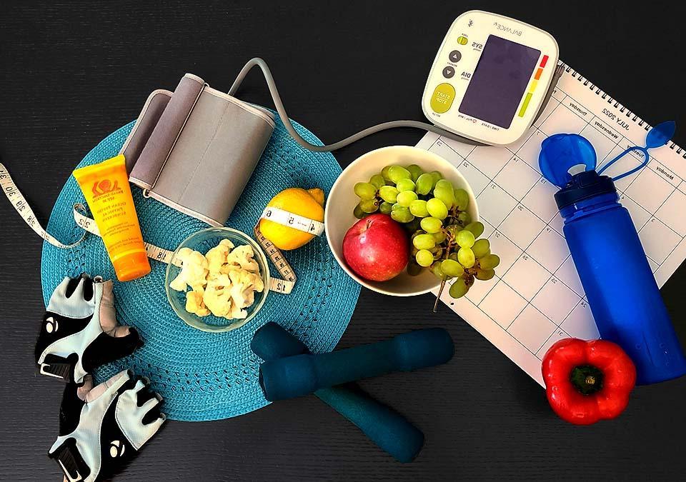 Healthy Habits: Exercise, Hydration, Fruits, Vegetables, Sunscreen, Blood Pressure Cuff